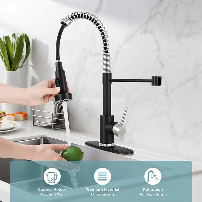 Kitchen Faucet with Pull Down Sprayer Black&Brush Nickel | 2-mode sprayer, 360° high arc spout, 304 SS build, drip-free valve, fingerprint-resistant, DIY install, NSF certified