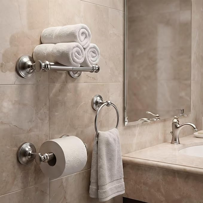 khtumeware Double Post Toilet Paper Holder Brushed Nickel Tissue Roll Holder for Bathroom Organization and Storage Single Double Toilet Tissue Holder Wall Bathroom Accessories (1-Pack)