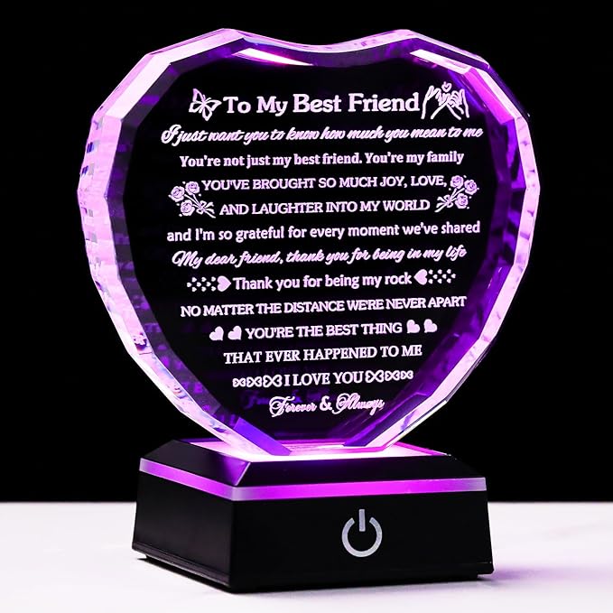 Arikyrist Best Friend Birthday Gifts with LED Base Crystal Heart Friendship BFF Gifts for Women Best Friend Bestie Gift Ideas for Women Gift for Female Friends on Christmas Wedding Valentine's Day