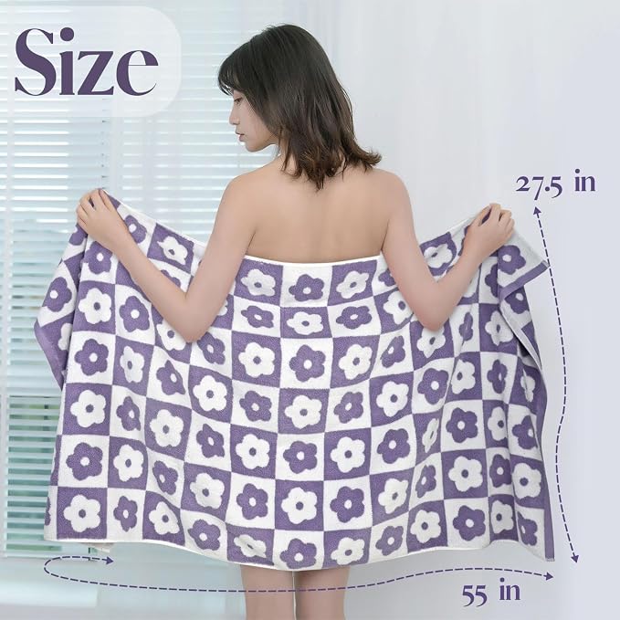 2-Pieces Luxury Bath Towels Checkered Floral, Purple Towels for Women Girls | Shower Body 27.5x55 Inches, Cute Bathroom Decor, Cotton