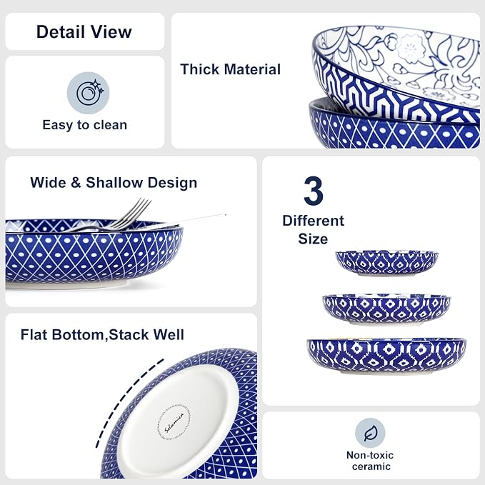 Selamica Ceramic Pasta Bowls Set of 4, 34 OZ Salad Bowls, 8.6 Inch Wide and Shallow Bowls, Microwave & Dishwasher Safe, Vintage Blue