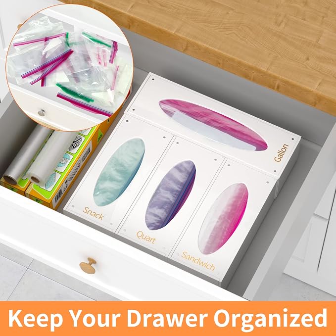 FEMELI Food Bag Storage Organizer Acrylic Kitchen Drawer Baggie Box White | 4 Separate Pack Compatible with Gallon, Slider Quart, Freezer, Sandwich, Snack, Variety Size Bags