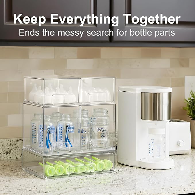 Bottle Storage Organizer Baby: Clear Stackable Storage Drawers, Acrylic Bottles Station Organizer for Countertop, Vanity, Bathroom, Cabinet Organization - 5 Pack