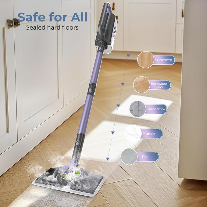 Steam Mop, Steam Cleaner with 400ML Water Tank, 2 Washable Pads, 23FT Power Cable floor steamer, Detachable Steam Mops for sealed Hard Floors, Marble, Stone, Hardwood(Lilac)