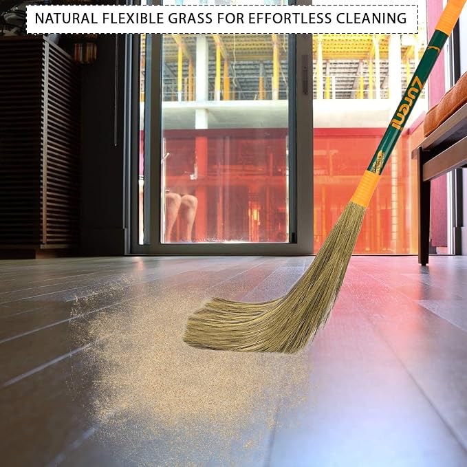 Zureni ZN-BR-08 Floor Broom with Natural Soft No Dust Grass Long Stick Jhadu for Home Pantry Office Cleaning (Random Colours)