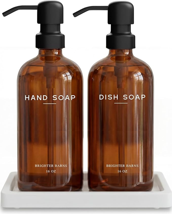 Amber Glass Hand and Dish Soap Dispenser Set by Brighter Barns - Kitchen Soap Dispenser Set with Tray for Kitchen, Airbnb, Vacation Rental or Restaurant - Modern Kitchen Decor & Accessories (Amber)