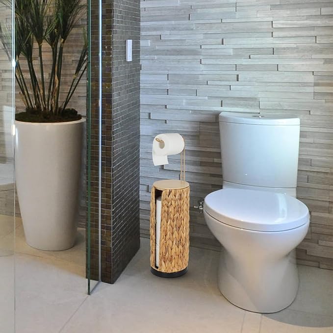 Freestanding Toilet Paper Holder with Storage,3 Rolls of Tissue Holder for Bathroom,Handmade Woven Toilet Paper Roll Holder Stand,Water Hyacinth Boho Bathroom Decor Farmhouse Toilet Paper Storage