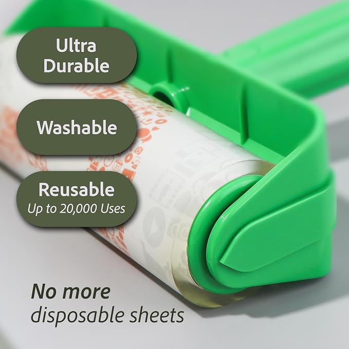 Eco Roll Cleaner-Washable lint Roller-Remover for Cat, Dog and Pet Hair - Extra Sticky Cleaner for Clothes, Carpet, Sofa, Car Seats-Reusable Lint Roller for Cleaning Bed, Floor, Furniture and Walls