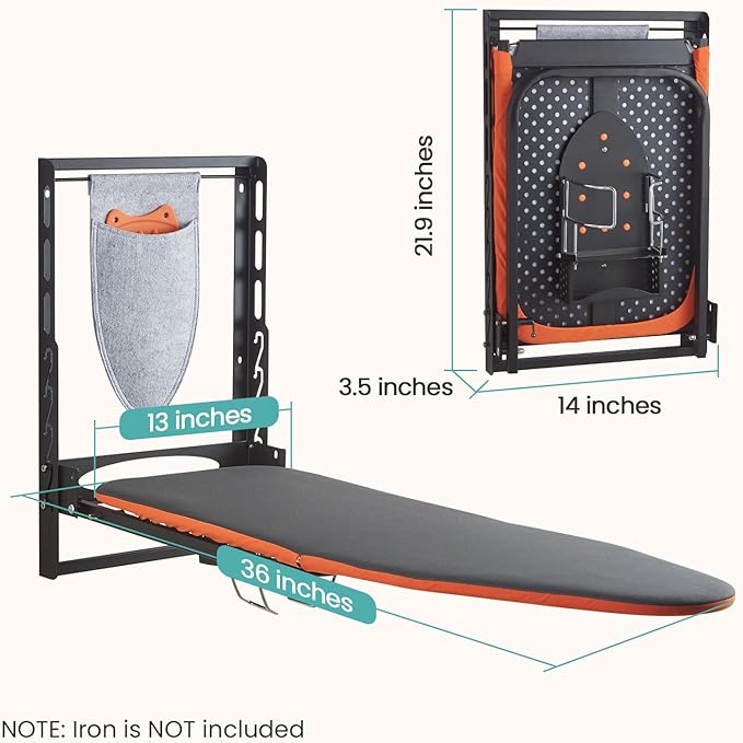 Seiritex Wall Mounted Ironing Board with Iron Holder, 36x13 Compact Mount Foldable Ironing Board for Small Spaces, Space Saving with Cotton Fabric Cover and Silicone Iron Rest