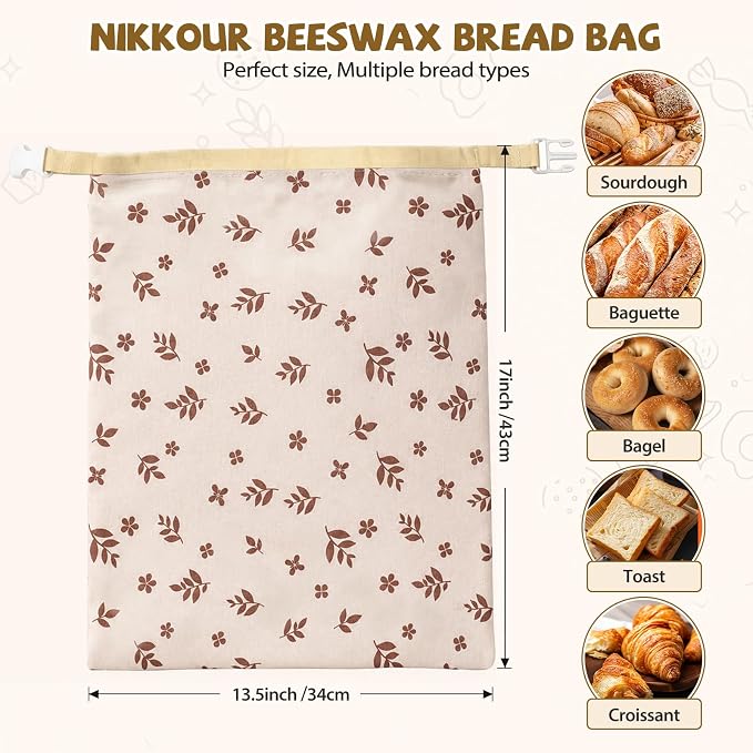 Large Linen Beeswax Bread Bags(2 Pack) Sourdough Bread Bags Reusable Double-Lock Freezer Baking Container Gift Giving for Homemade,Loaf,Sourdough,Food Storage (Vintage Leaf Pattern)