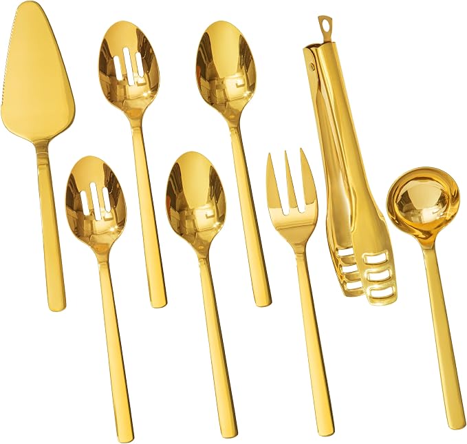 18/10 Large Hostess Gold Serving Utensils,Stainless Steel Serving | Heavy Duty Serving Set, 10-inch Serving Utensils, Slotted Spoons, Forks, Tongs, Cake Pie Server for Buffet, Wedding, Parties
