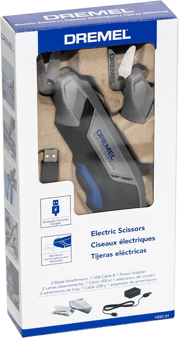 Dremel 4V Cordless Electric Scissors with USB Rechargeable Battery and Two Blade Attachments - Ideal for Cutting Cardboard, Fabric, and Paper, HSSC-01