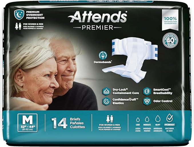 Attends Premier SmartCool® Adult Briefs, Medium 32–44" Waist, High-Rise Tab Closure, Premium Overnight Dry-Lock Protection, Breathable Materials, Odor Control, 56 ct Case