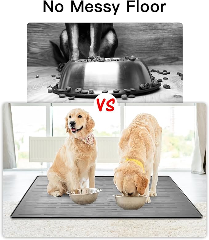 Ultibe Silicone Pet Food Mats - Largest Dog Feeding Tray, Waterproof, 48" x 32", Gray Green