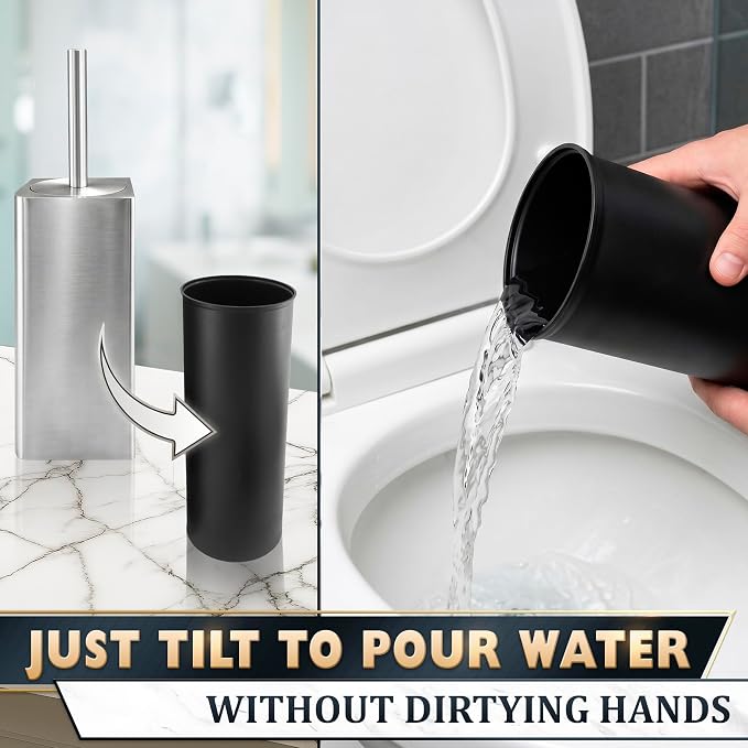 Silver Toilet Brush and Holder Set - Upgrade Your Bathroom in Seconds - Stainless Steel Toilet Bowl Brush and Holder with 2 Rounded Corners, Replaceable Head, Removable Inner Bowl & Splash Guard Cover