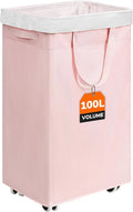 CHICVITA 100L Slim Laundry Hamper with Wheels, Collapsible Rolling Laundry Basket for Living Room, Pink Laundry Hamper for College Dorm