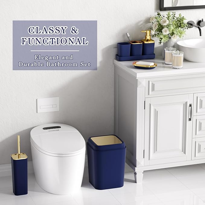 XLHOMO Bathroom Set - Navy Blue Bathroom Sets with Shower Curtain and Rugs, 24PCS Shower Curtain Set with Hooks, Soap Dispenser, Soap Dish, Toilet Brush Holder and Trash Can for Housewarming