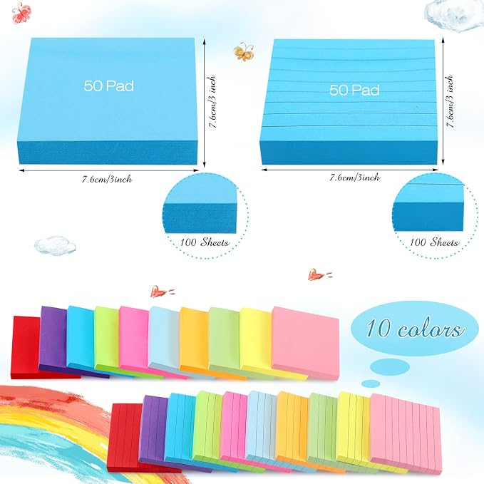 Fuutreo 100 Pad 10000 Sheet Sticky Notes Bulk 3 x 3 Inch Lined Self Stick Note Pad for School Student Teacher Classroom