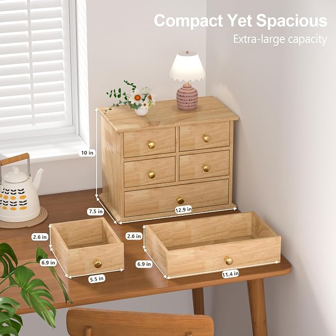 Oak Desk Organizer with Drawers, Wooden Desktop Storage Box with Metal Handles & Non-Slip Silicone Pads, 5 Drawer Tabletop Organizer for Office, Bedroom, Bathroom, Vanity, and Makeup – Natural Oak