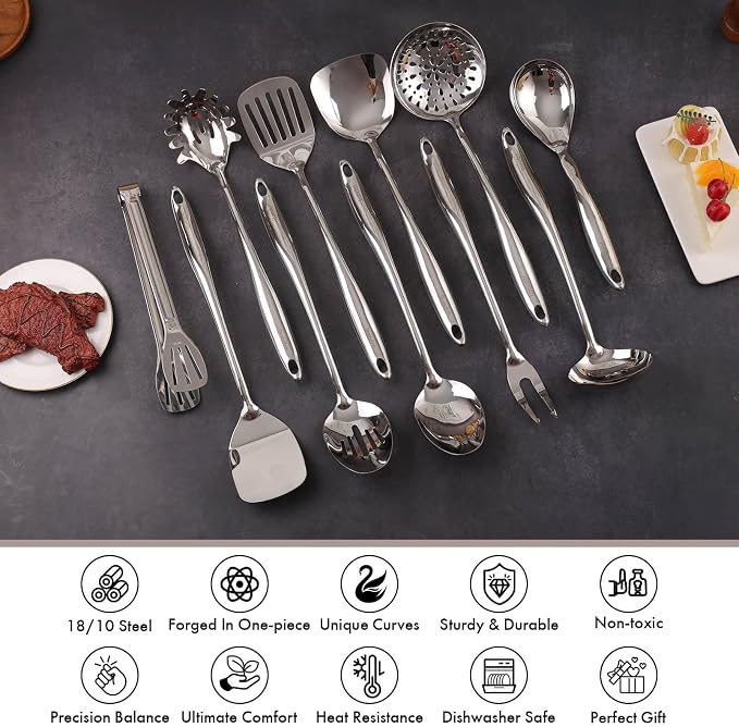 18/10 Stainless Steel Kitchen Utensils Set with Holder for Countertop | 15″ Spatula Spoon Set with Storage Organizer, 12-Pieces, Fork, Tongs, Spatula, Ladle, Skimmer, Turner, Spaghetti, Large Spoon