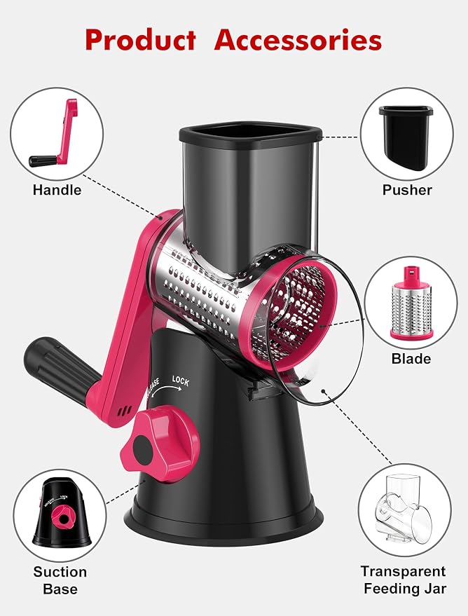 Cheese Grater Rotary, Rotary Grater for Kitchen, Kitchen Vegetable Slicer with 3 Drum Blades, Fast Cutting Cheese Shredder for Vegetables and Nuts (Black+Rosy, 3 BLADES)