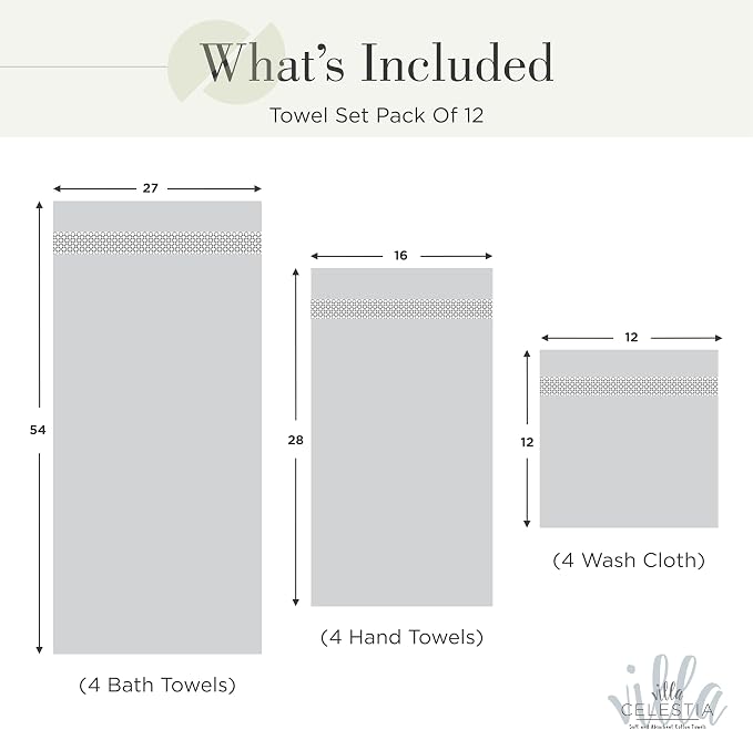 Villa Celestia 12-Piece 100% Cotton Towel Set, 4 Bath Towels, 4 Hand Towels, 4 Wash Cloth, Quick-Dry, Sage
