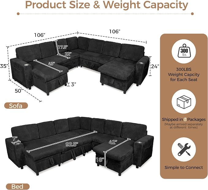 Oversized U-Shaped Sectional Sleeper Sofa for Living Room, Black | Modular Design, Pull Out Bed, Hidden Storage Space, Soft Corduroy, USB Charging, Cup Holders, Easy Assembly