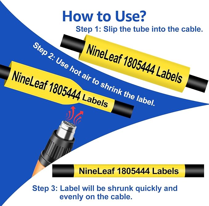 NineLeaf 8 Pack Compatible Labels Tape Replacement for Dymo 1805444 1 inch Black on Yellow Heat Shrink Tube Labels 24mm x 1.5m for Wires and Cables Use in Rhino 6000 6500 Label Maker