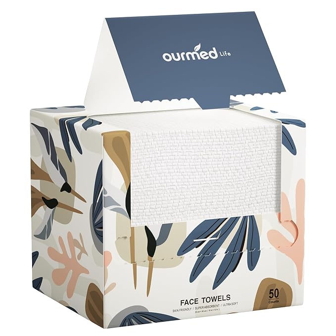 Ourmed Life Disposable Face Towels, 10 x 12 in XL Facial Towels, 50 Count | Clinically Tested, Reduce Redness, Skin Soothing, Sensitive Skin friendly, Biodegradable, Skincare, Women Cleansing,Absorbent