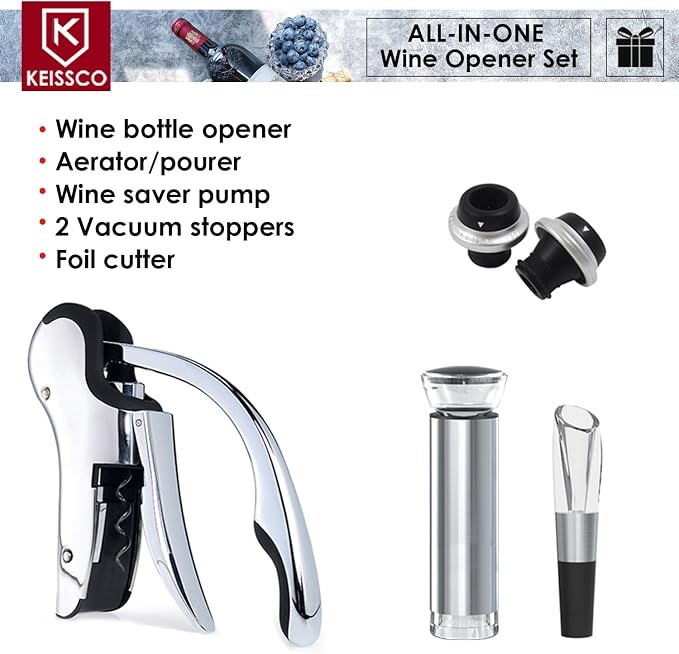 KEISSCO Stainless Steel Wine Opener Set - Compact Vertical Corkscrew Wine Bottle Opener Gift Set with Foil Cutter, Aerator Pourer, Vacuum Pump and 2 Wine Stoppers, Wine Gift Set for Home Party Bar