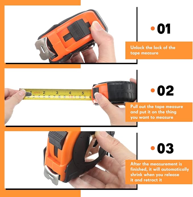 24 Pieces Tape Measure 25 Feet Retractable Measuring Self Locking Measurement Tape Bulk Easy to Read with Fractions, Metric Inches and Imperial Measurement