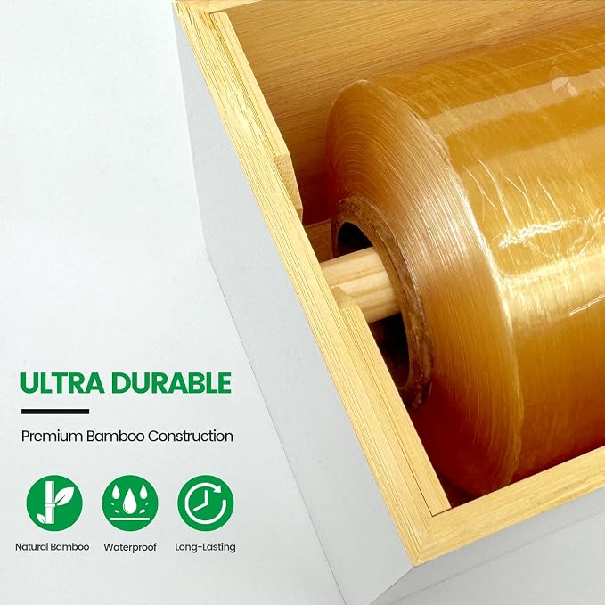 Libreshine White 18 Inch Plastic Wrap Dispenser with Slide Cutter & Roller, Heavy Duty Bamboo Commercial Film Wrap Holder for 3000ft Food Service Cling Film, 1000ft Foil, Butcher/Freezer/Kraft Paper