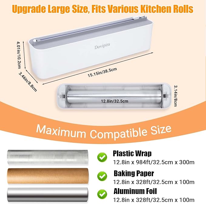 Magnetic Plastic Wrap and Foil Dispenser with Cutter, Upgrade Large Size Fits Max 12.8In x 984Ft Cling Film, Adhesive Wall Mounted Aluminum Foil and Wrap Organizer Holder for Kitchen