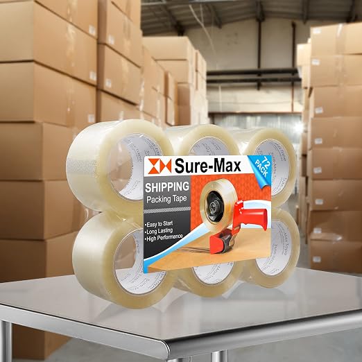 Sure-Max 72 Rolls Extra-Wide Shipping & Packing Tape (3" x 110 yard/330' Each) - Moving & Adhesive Carton Sealing - 2.0mil Clear