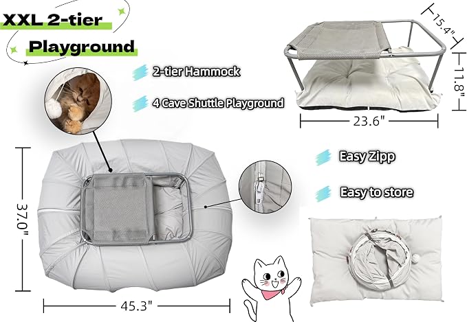 XxingSheep 2-Tier Cat Tunnel & Hammock Bed XXL, 4 Cave Shuttle with Elevated for Multiple Cats Toy Light Grey