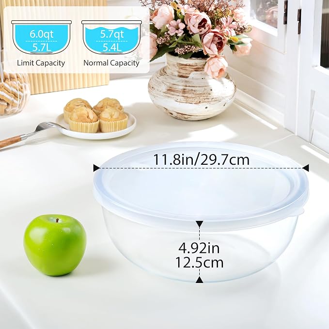 NUTRIUPS 6 QT Large Glass Mixing Bowl with Lid, Glass Bowl for Sourdough | Borosilicate Glass with Ventilated Lid with Silicone Seal for Easy Opening,6 QT Big Capacity for Family Meals ﻿