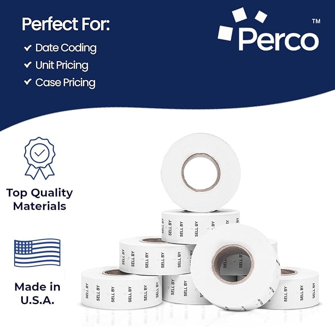 Perco 1 Line Sell by Labels - 32,000 "SELL BY" Labels for Perco Lite, X, Plus and Pro 1 Line Date Guns - 32 rolls, 4 Sleeves - Made in USA