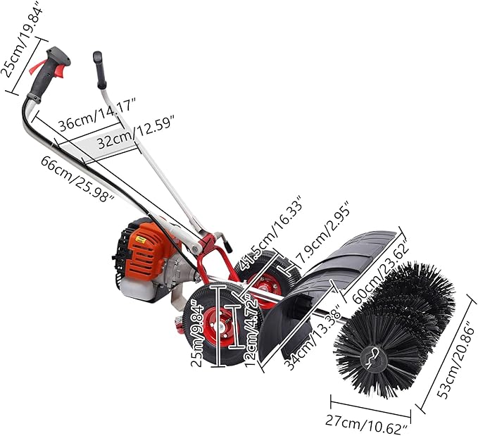 52CC Gas Handheld Sweeper, 52cc 2Stroke Gas Walk Behind Push Lawn Sweeper, Snow Sweeping Broom Artificial Grass Power Brush Lawn Sweeper Cleaner Tools for Lawn Leaf Artificial Turf Grass Gravel