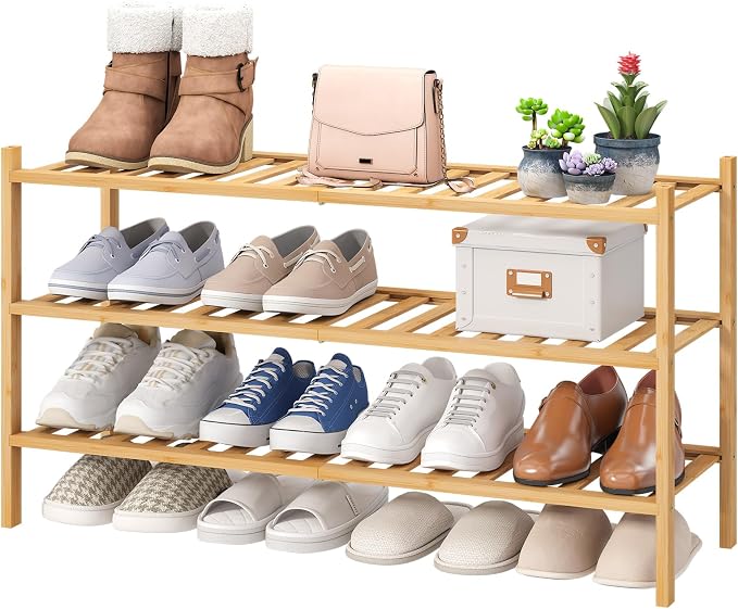 viewcare 3-Tier Long Shoe Rack, Bamboo Wood Shoe Rack for Closet, Entryway & Hallway, Stackable | Beautiful | Functional | Sturdy