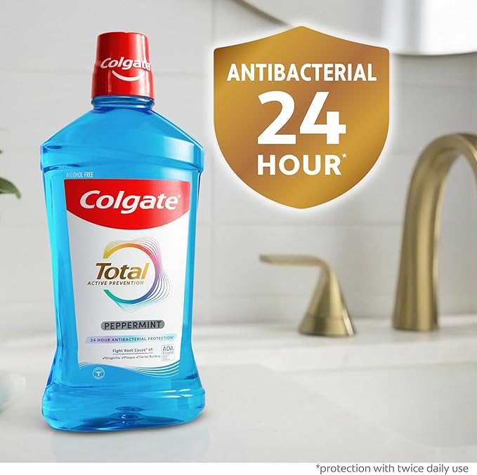 Colgate Total Alcohol Free Mouthwash, Peppermint for Bad Breath, Helps Prevent Gingivitis and Plaque, 3 Pack, 33.8 Oz Each