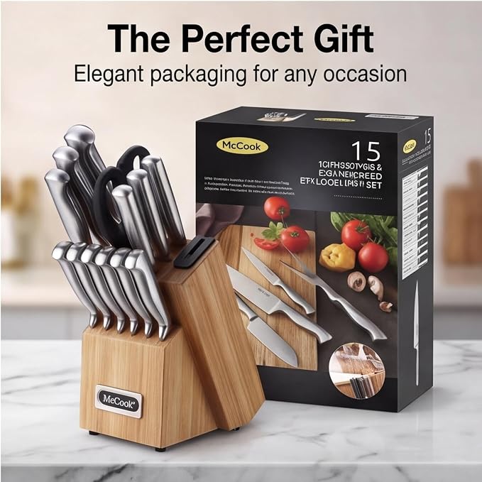 McCook Knife Set Kitchen Steel Knife Block Set w Built-in Sharpener | German Forged Stainless Steel,15 PC,Razor Sharp,Non-Stick&Anti-Rust,Ergonomic Handle,Full Tang,Gift Box