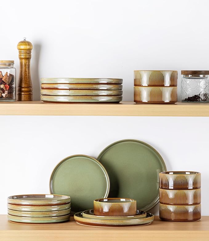 TheTerra Ceramic Dinnerware Sets for 4, 12 Pieces Porcelain Lightweight Plates and Bowls Sets, Scratch Resistant Dish Set, Oven & Microwave & Dishwasher Safe, Sage Umber