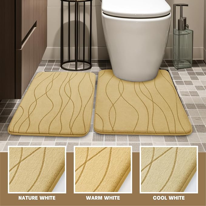 YIHOUSE Bathroom Rugs Set 2 Piece, Memory Foam Bath Mat Beige | U Shaped+Small Mat, Ultra Soft, Absorbent, Non-Slip, Machine Washable, for Bathroom, Sink and Toilet