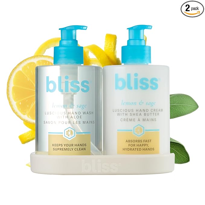 Bliss Lemon & Sage Happy Hands Duo | Hydrating Hand Wash & Nourishing Hand Cream Set with Decorative Tray