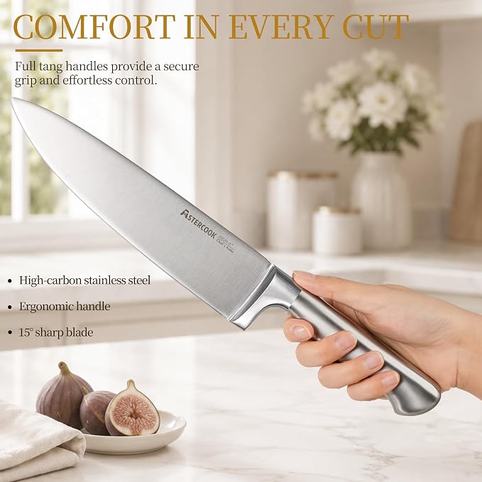 Astercook Knife Set for Kitchen with Block Sharpener 14Pcs Dishwasher Safe | Full Tang Stainless Steel Knives and Anti-Slip Ergonomic Handle Utensils Set