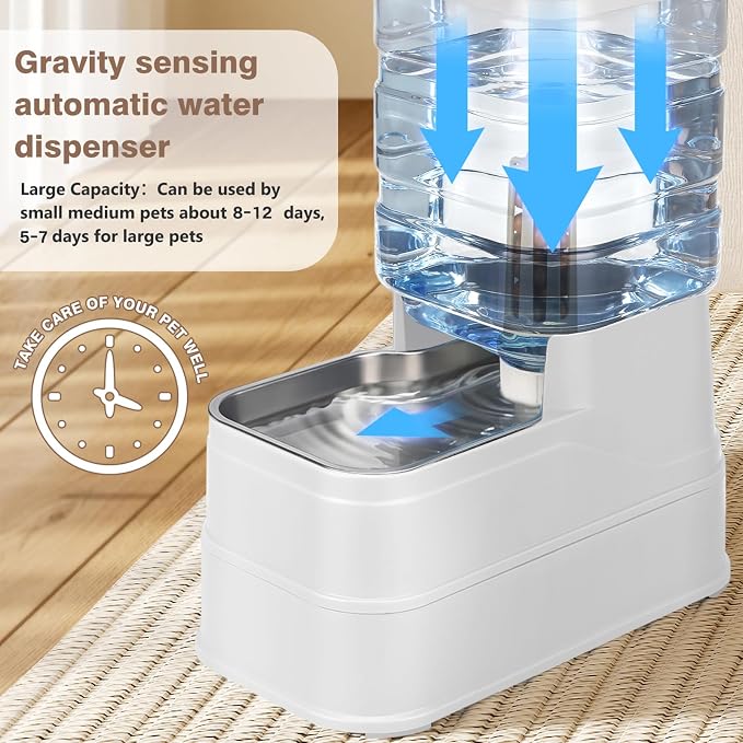 1.1 Gallon Pet Automatic Dog Water Dispenser Cat Gravity Waterer Feeder with Stainless Steel Bowl 8L Large Capacity Puppy Feeding Raised Bowls with Filter,Ice Pack (White, 4L(1.1 Gallon))