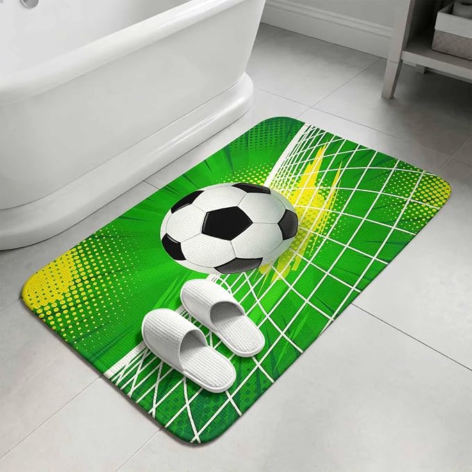 Green Football Bathroom Rugs Non Slip Washable Bath Mat Absorbent Low Pile Front Door Mat Soccer Ball Goal Net Vibrant Indoor Doormat for Kitchen Entryway Shower Decor Accessories 19.7"x31.5"