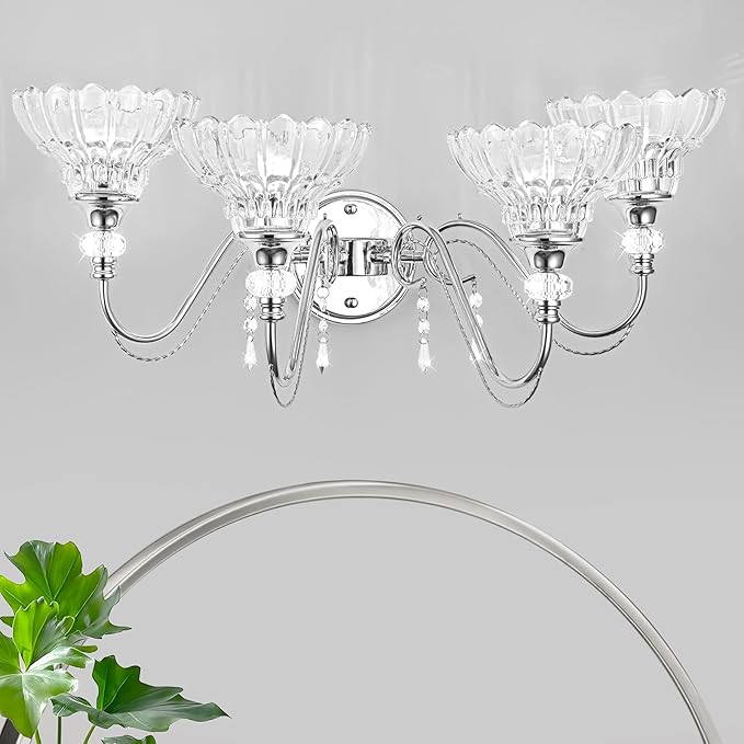Brushed Chrome Bathroom Vanity Light, 4-Light Chrome Finish Wall Sconce with Hanging Crystal Accents and Flower-Shaped Clear Glass Shades, Modern Wall Mount Vanity Light Over Mirror for Bathroom