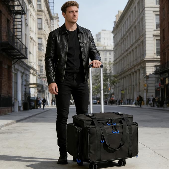 Rolling Dj Cable Bag with Laptop and Microphone Pocket, Dj Bag for Equipment and Music Accessories with Detachable Dividers, Bottom Pad, Dj Gig Bags for Musicians, Professional, Travel, Blue