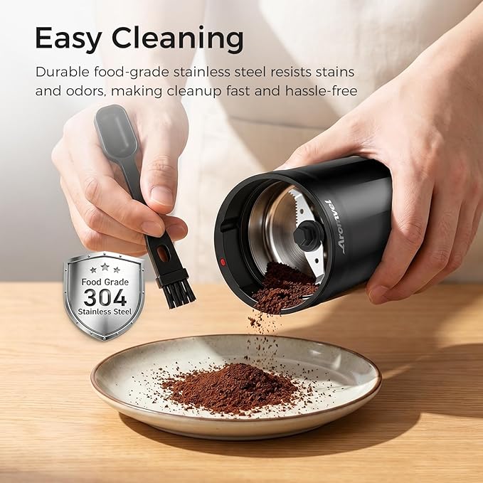 Electric Coffee Grinder, One Touch Coffee Mill with Stainless Steel Blades, Adjustable Coarse to Fine for Coffee Beans, Spice & Dry Grinding, 2-in-1 Cleaning Brush & Scoop, Safety Lid